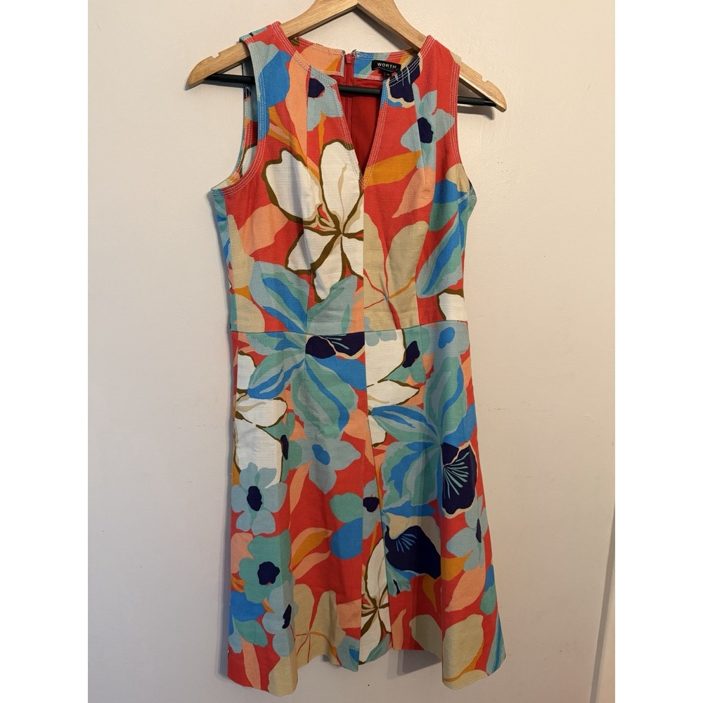Worth New York Women's Pink Floral Belted Dress V-neck Cotton Blend Colorful 6